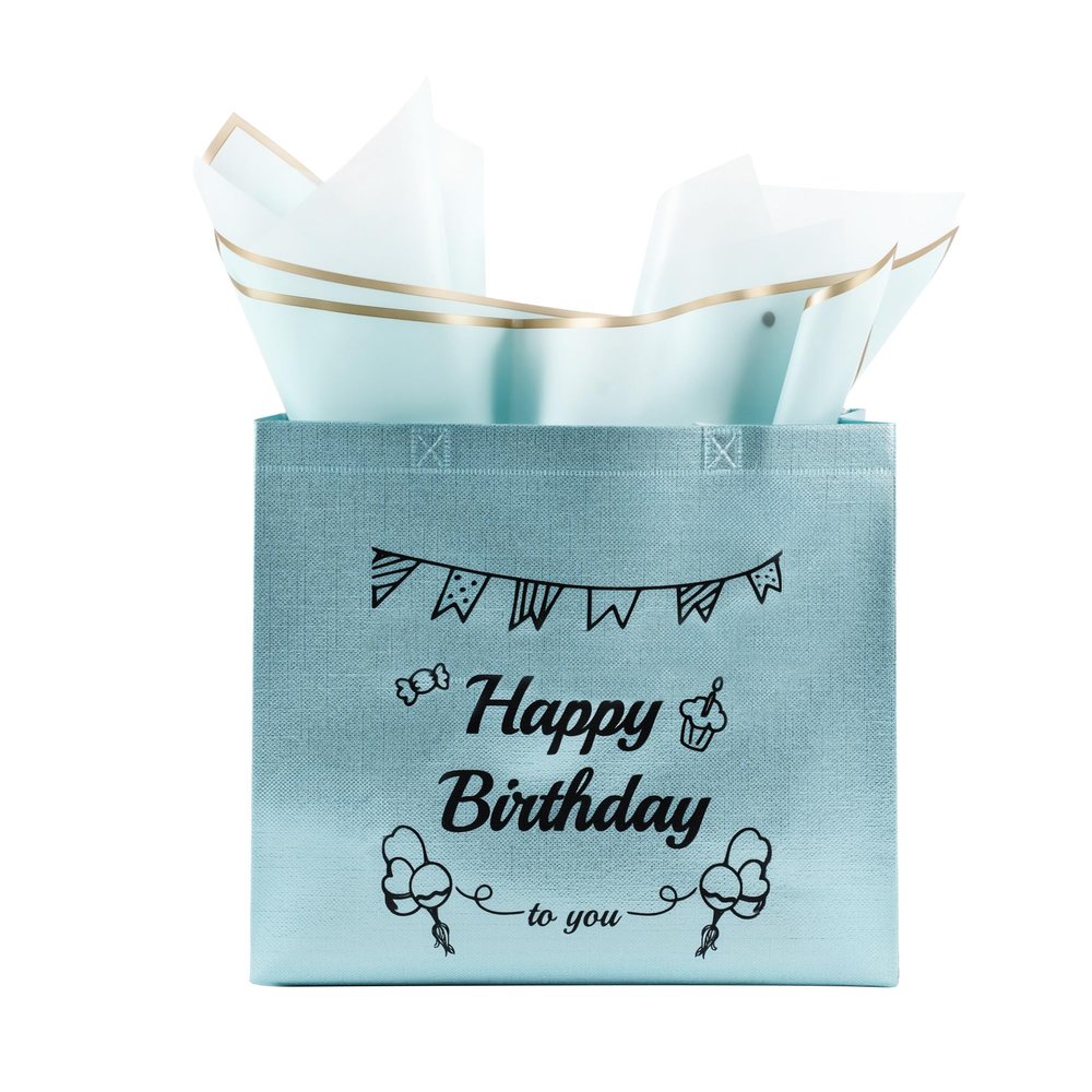 Pepple Haus Happy Birthday Gift Bag, Blue with Black HBD & CAKE DESIGN, Birthday Present Bag for Party Favors, Size 12.59"x11.02"x4.33"