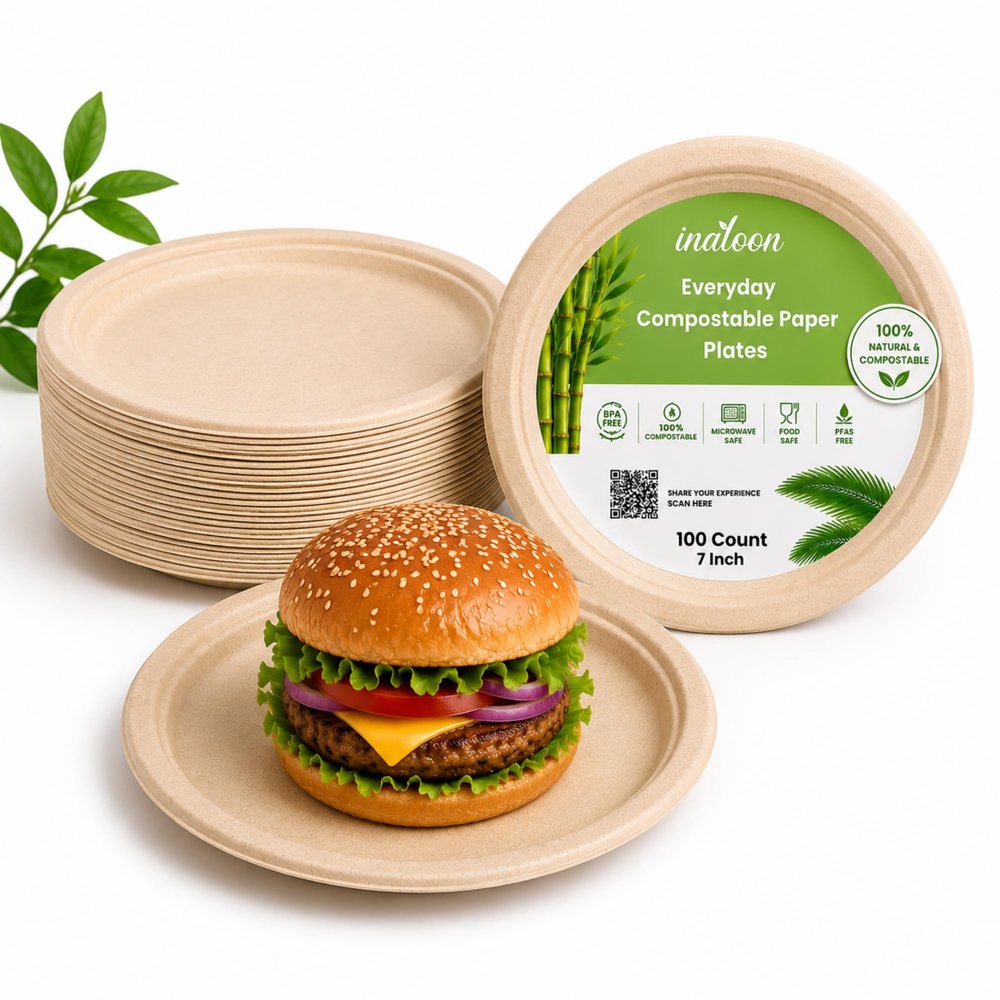 Inaloon 7-Inch Compostable Plates 100 Pack, Bagasse, Microwave & Dishwasher Safe, Eco-Friendly Disposable Dinner Plates for Parties, Catering & Everyday Use (7-Inches)