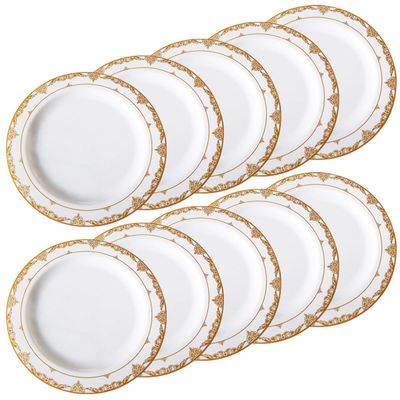 FRCOLOR 10pcs White Plastic Dinner Plates with Gold Trim, 7.5-inch round Decorative Serving Trays for Parties, Weddings, and Dessert Display