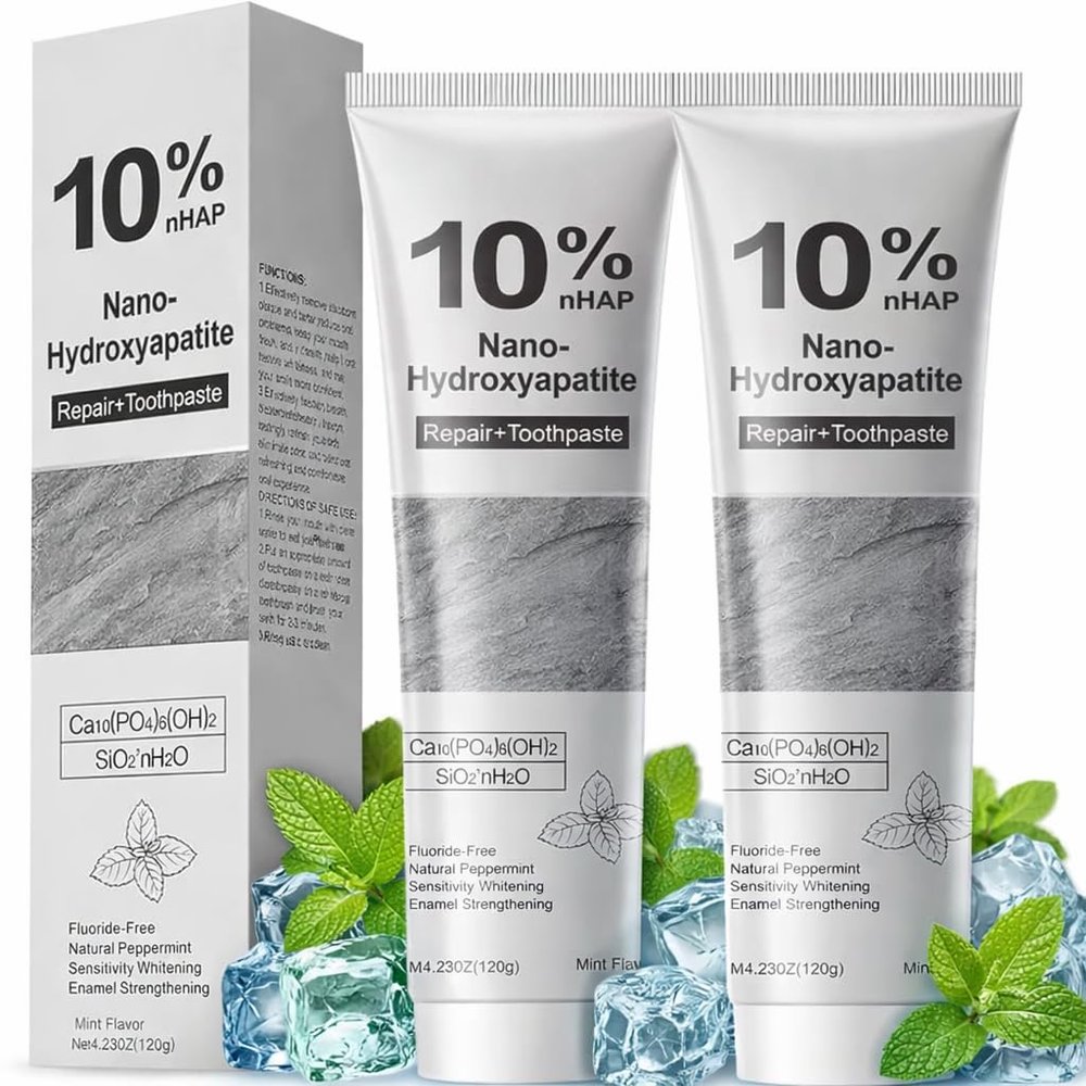 Hydroxyapatite Toothpastes, 10% Nano Hydroxyapatite Toothpaste, Fluoride-Free Whitening Toothpaste for Sensitive Teeth & Daily Enamel Care, Gentle Mint, Fresh Breath(2 Pcs)