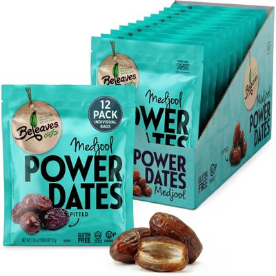 Beleaves Pitted Medjool Dates, 1.76 oz (12 Pack) | Single Serve Power Snack Pouches - 3 Dates Per Pouch - Certified Kosher