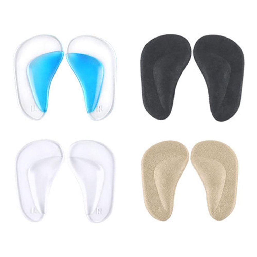 Abaodam 4 Pairs Arch Gel Insoles Flat Feet Correction Cushions and Blue Gel Pads, Soft Cloth Black and Apricot Inserts for Foot Arch Support and Posture Alignment