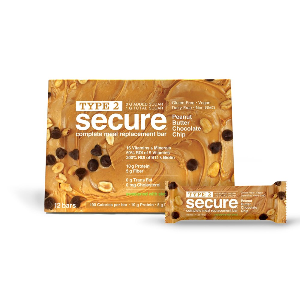 ANDREW LESSMAN Type 2 Secure Complete Meal Replacement Bars (Stevia) Peanut Butter Chocolate Chip 12 ct box 10g Protein, 0g Added Sugar, 16 Essential Vitamins & Minerals, Gluten-Free, Vegan