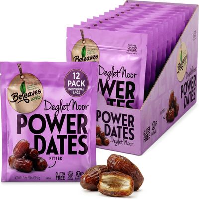 Beleaves Deglet Noor Pitted Power Dates, 1.76 oz (12 Pack) | Single Serve Snack Pouches | Low Sodium, High Fiber | Natural Energy Fruit Snack | No Added Sugar, Gluten Free, Vegan | Kosher