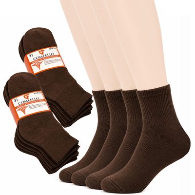COMFELLO Diabetic Ankle Socks for Men & Women Non-Binding Cushioned Socks - Neuropathy & Circulation Support (3-Pairs) Brown 10-13