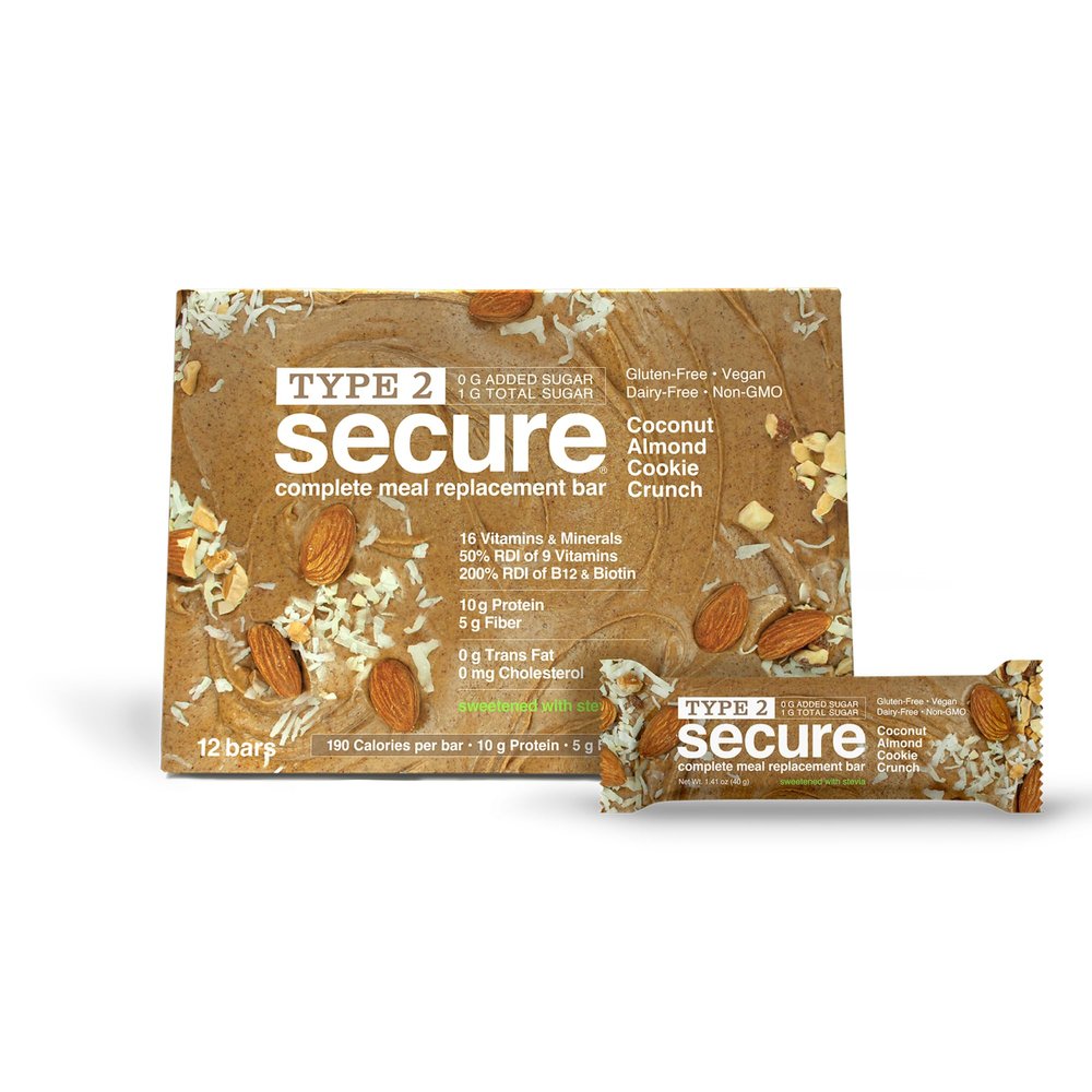 ANDREW LESSMAN Type 2 Secure Complete Meal Replacement Bars (Stevia) Coconut Almond Cookie Crunch 24 ct box 10g Protein, 0g Added Sugar, 16 Essential Vitamins & Minerals, Gluten-Free, Vegan