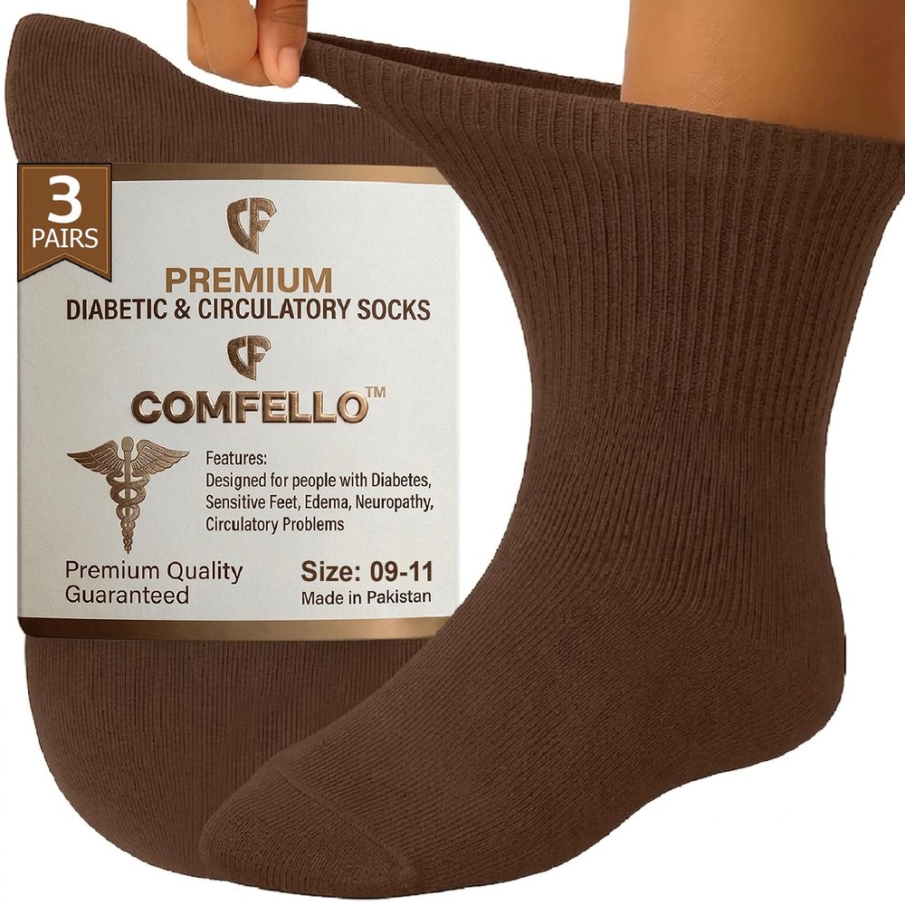 COMFELLO Diabetic Ankle Socks for Men & Women Non-Binding Cushioned Socks - Neuropathy & Circulation Support (3-Pairs) Brown 9-11