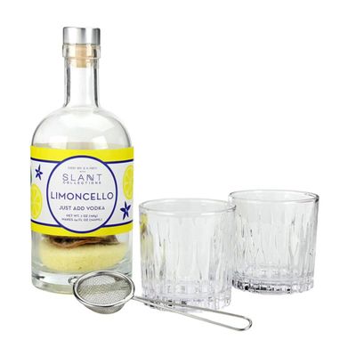 Slant Party Supplies - Limoncello Infusion Kit Glass Bottle Strainer & 2 Faceted Glasses, 4-Piece Set, Yellow