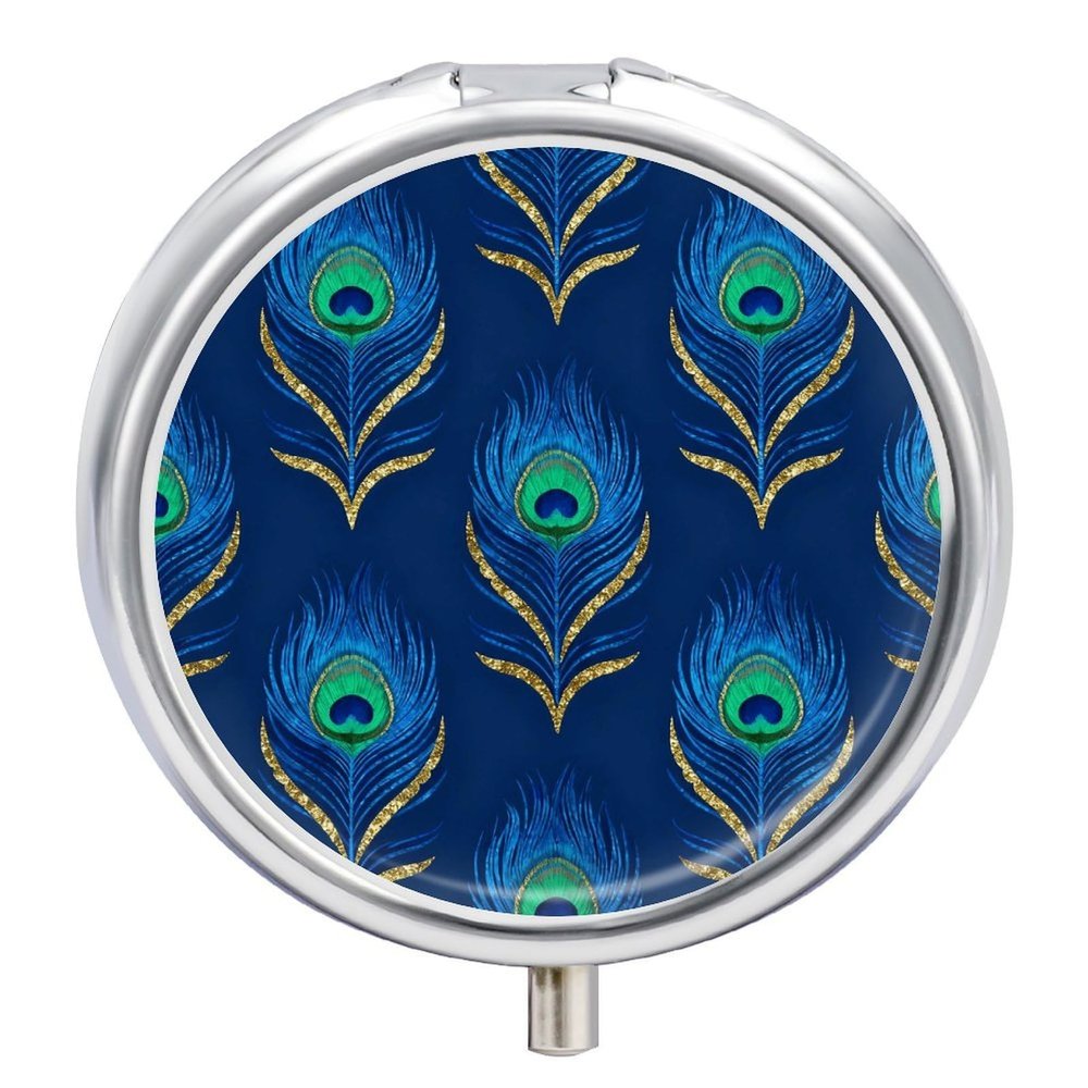 Peacock Feather Pill Box 3 Compartments Portable Travel Pill Case Mini Medicine Organizer for Pocket Purse Metal Waterproof Medicine Container Holder Vitamin Fish Oil