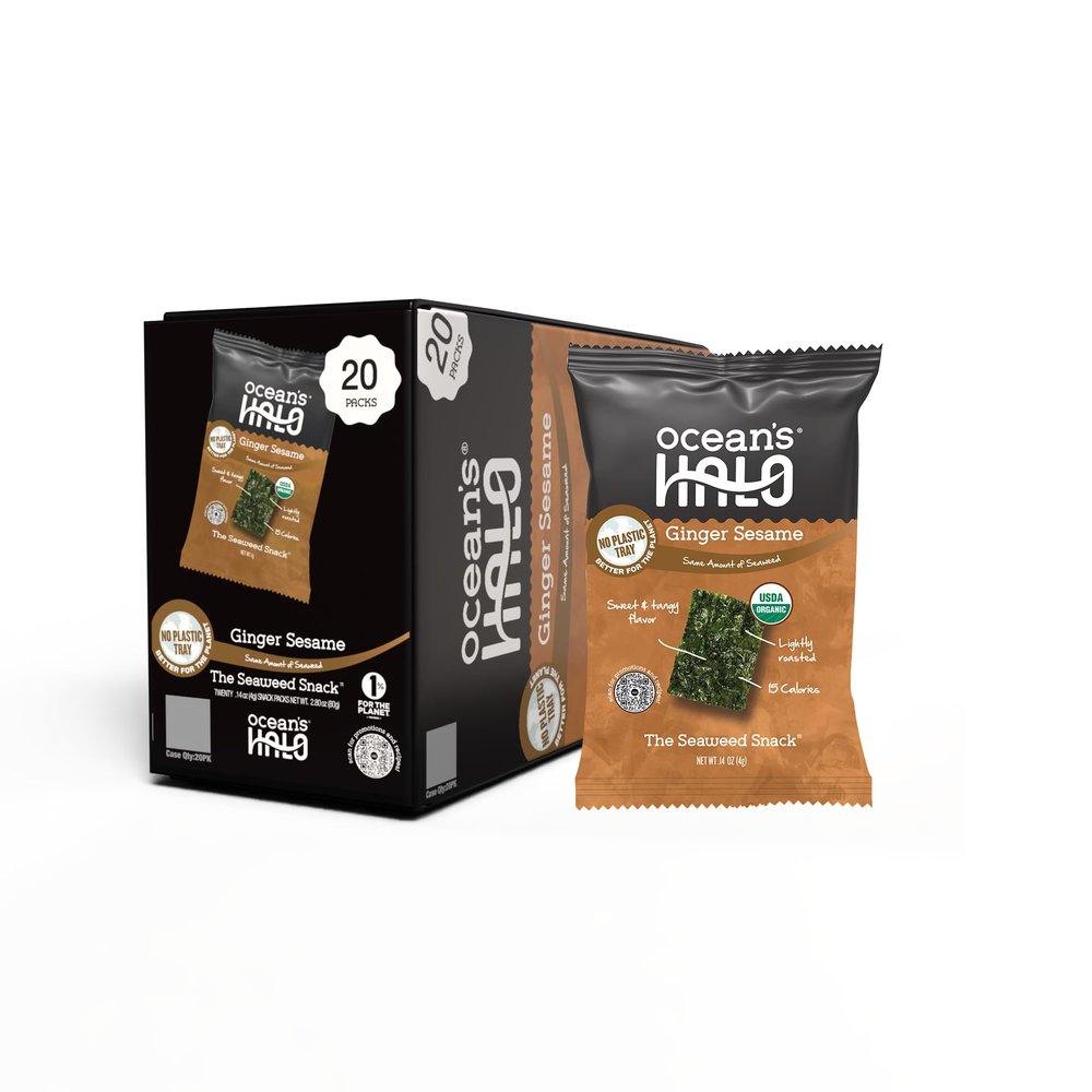Oceans Halo Organic Seaweed Snacks Ginger Sesame, Trayless, Vegan, Crispy Salty Snacks, 20-Pack (0.14 oz each)
