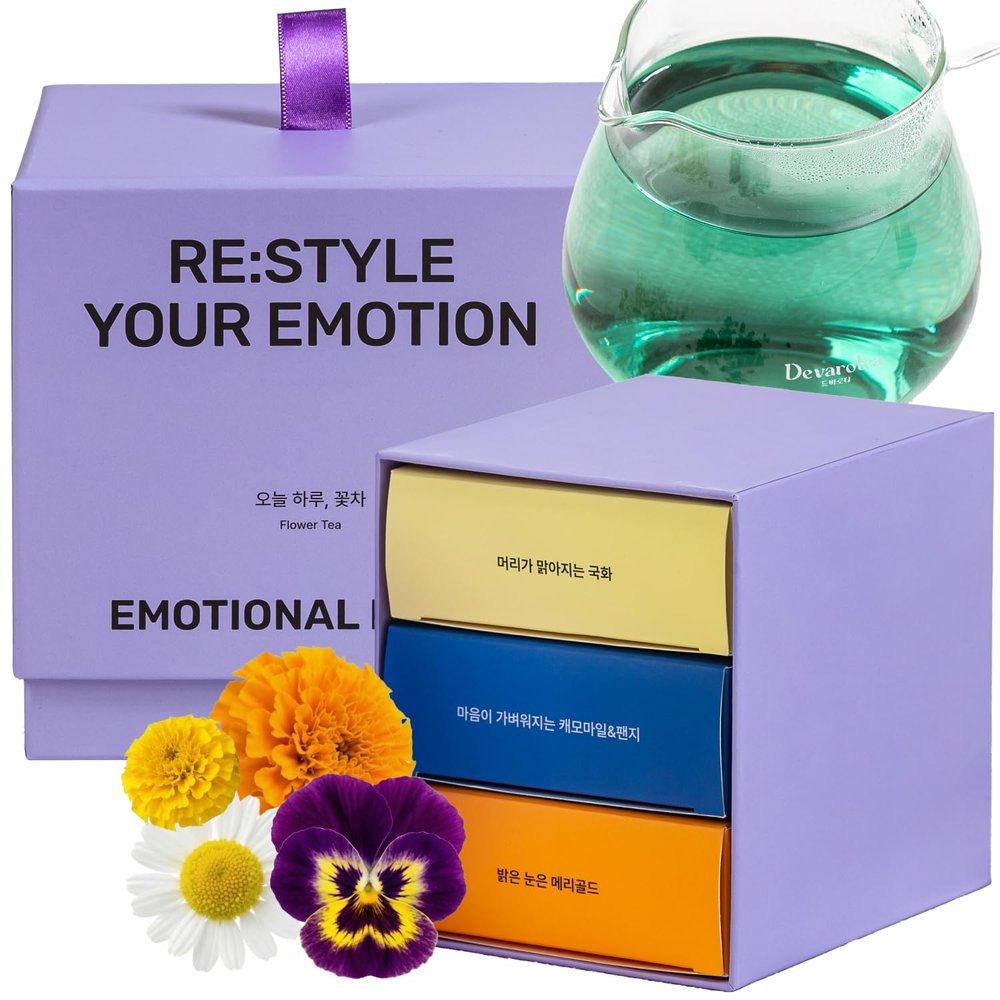 Korean Food Premium Flower Tea Gift Set - 15 Organic Caffeine-Free Drip Tea Bags (Marigold, Chrysanthemum, Sea Garden Blend)