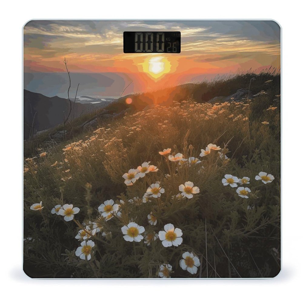 Sunset and Flowers Scale for Body Weight Highly Accurate Digital Bathroom Scale Sturdy Tempered Glass Weighing Scales with LCD Display Fashion Body Fat Smart Scales 400lb
