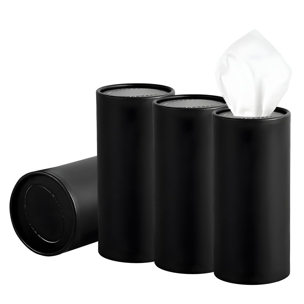 Rdxcv 4 PCS Car Tissue Holder, Portable Round Auto Cup Holder Napkin Container with Facial Tissues, Convenient Tissue Box Paper Towel Cylinder for Vehicles Office Home, Car Accessories (Black)
