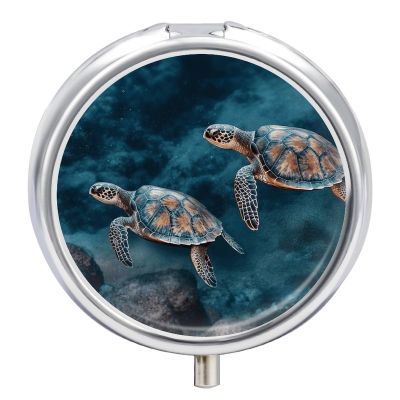 Turtle Swimming in The Sea Round Pill Box 3 Compartment Small Pill Box Round Portable Pill Case to Hold Vitamins Medication Fish Oil and Supplements Travel Purse Pocket Gift