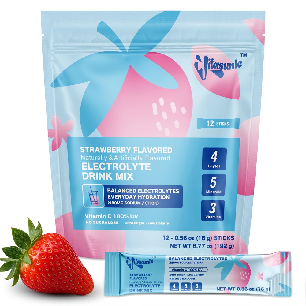 VITASUNIC 12 Sticks Electrolyte Powder Packets, Sugar Free Strawberry