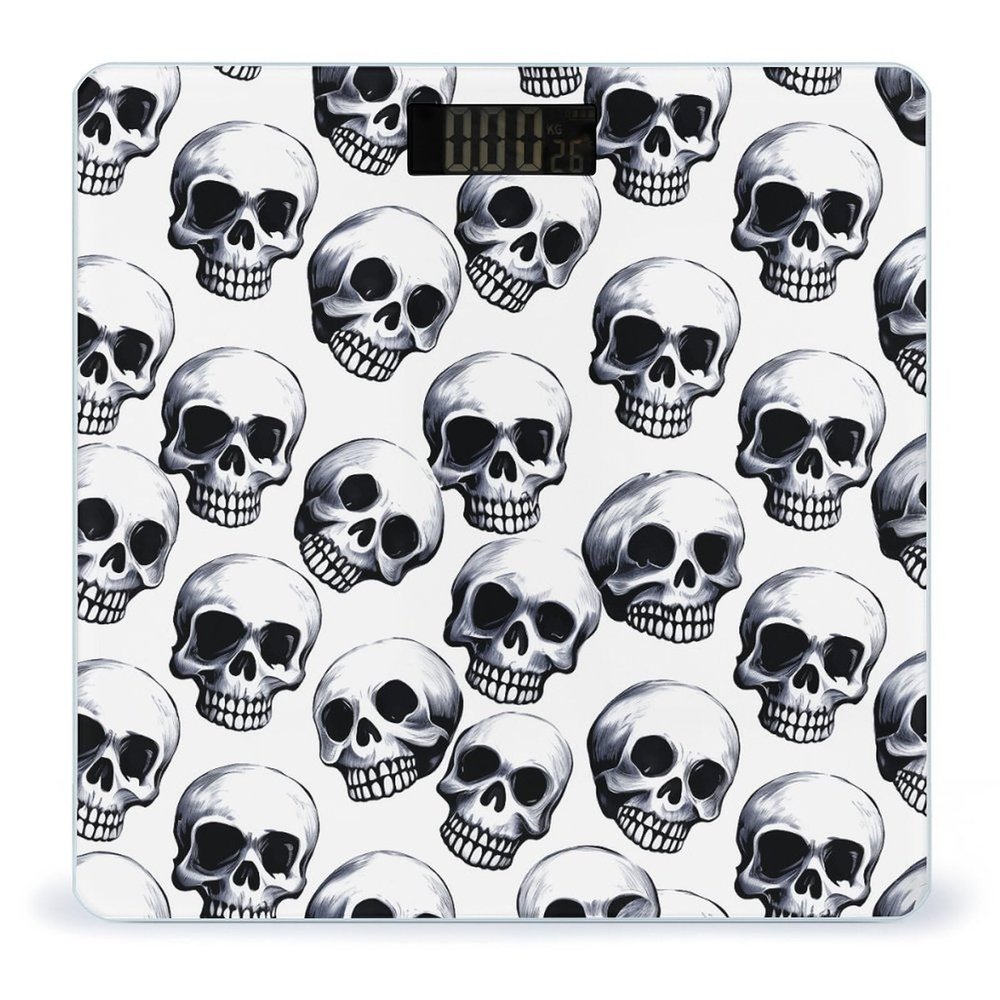 Black Skull Pattern on White Background Scale for Body Weight Highly Accurate Digital Bathroom Scale Sturdy Tempered Glass Weighing Scales with LCD Display Fashion Body Fat Smart Scales 400lb
