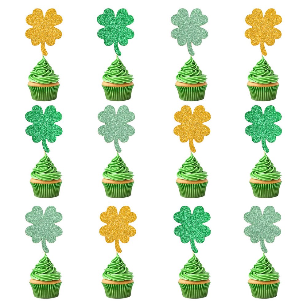 12pcs St Patricks Cupcake Toppers, Green and Gold Glitter Four Leaf Clover Shamrock Cupcake Picks Cake Decorations for Birthday Party Wedding Baby Shower & Lucky Theme Party Supplies