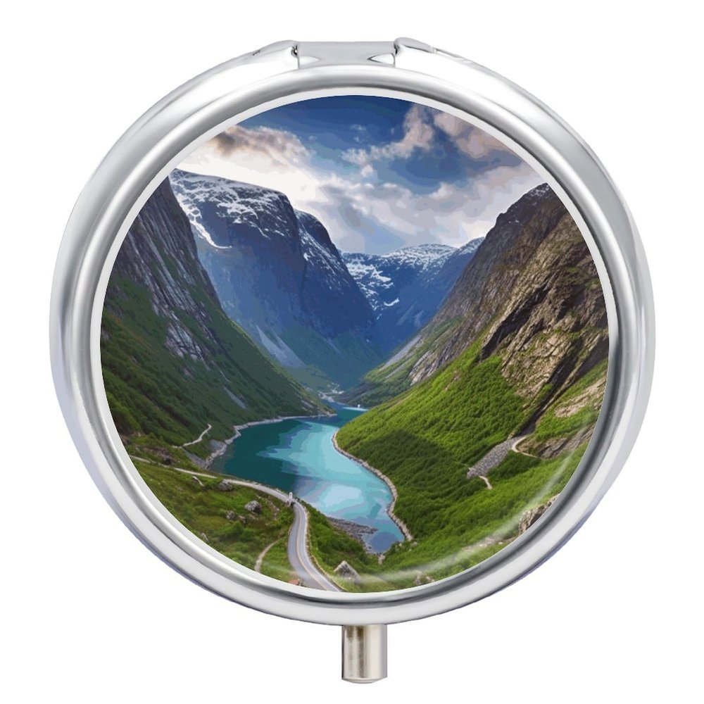 Norwegian Fjords Round Pill Box 3 Compartment Small Pill Box Round Portable Pill Case to Hold Vitamins Medication Fish Oil and Supplements Travel Purse Pocket Gift