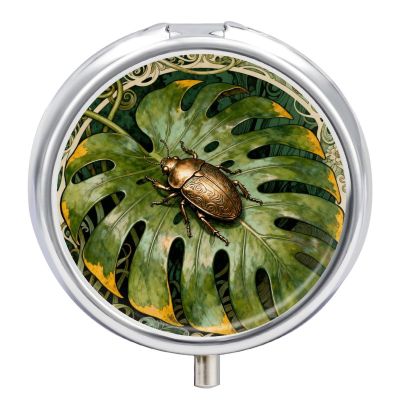Beetle Monstera Leaf Pill Box 3 Compartments Portable Travel Pill Case Mini Medicine Organizer for Pocket Purse Metal Waterproof Medicine Container Holder Vitamin Fish Oil