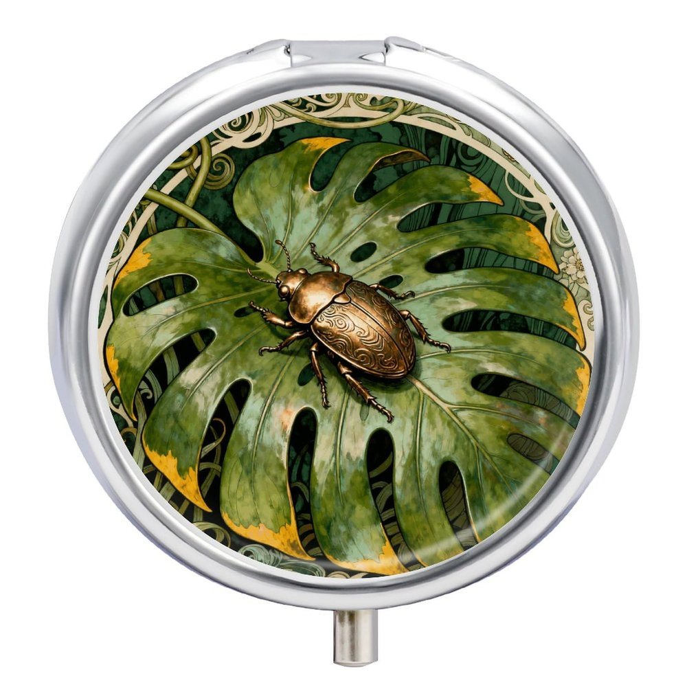 Beetle Monstera Leaf Pill Box 3 Compartments Portable Travel Pill Case Mini Medicine Organizer for Pocket Purse Metal Waterproof Medicine Container Holder Vitamin Fish Oil