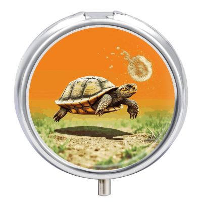 Tortoise Turtle Jumping Round Pill Box 3 Compartment Small Pill Box Round Portable Pill Case to Hold Vitamins Medication Fish Oil and Supplements Travel Purse Pocket Gift