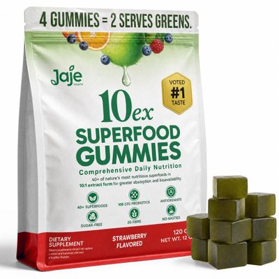 10ex Supergreens Gummies w/Probiotics. 40 Superfoods & Super Greens. 10x More Nutrients. Multivitamins & Antioxidants From Whole Foods. Healthy Snacks For Adults. Keto, Low Carb, Low Calorie - 120 Ct