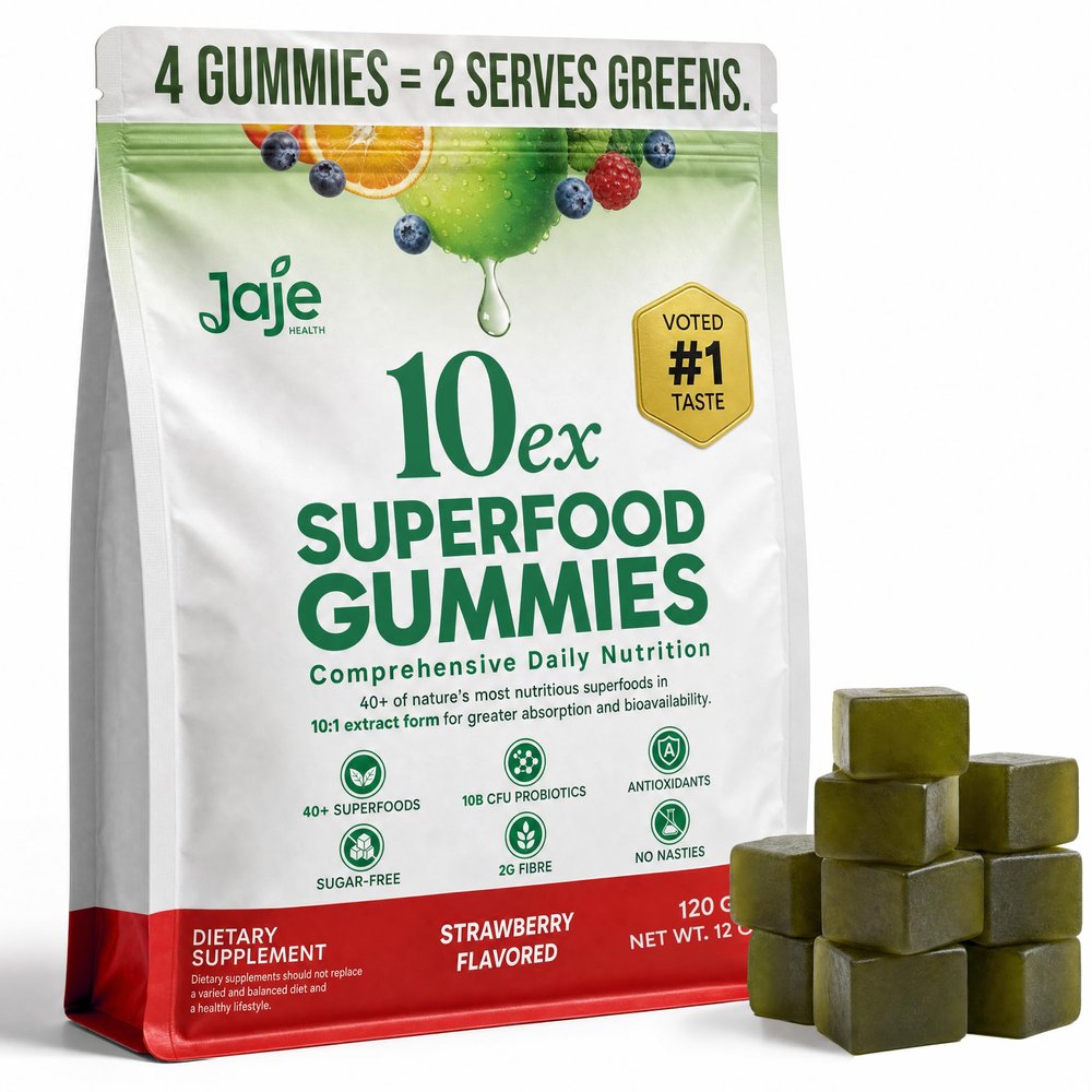 10ex Supergreens Gummies w/Probiotics. 40 Superfoods & Super Greens. 10x More Nutrients. Multivitamins & Antioxidants From Whole Foods. Healthy Snacks For Adults. Keto, Low Carb, Low Calorie - 120 Ct