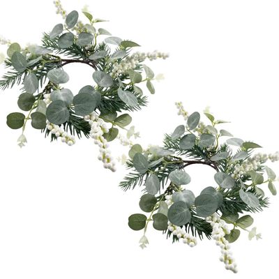2 Pack Artificial Eucalyptus Leaves Candle Rings with White Berry and Norfolk Pine, 11.8 Inch Spring Greenery Kitchen Cabinet Wreaths for Wedding Home Door Tabletop Centerpiece Decoration (Green)