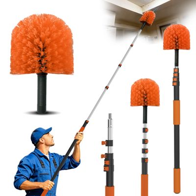 15FT Reach Cobweb Duster with Extension Pole - Spider Web Brush for Cleaning with 3-12FT 4-Section Flip-Lock Telescopic Pole, Effortlessly Cleans High Indoor & Outdoor Webs