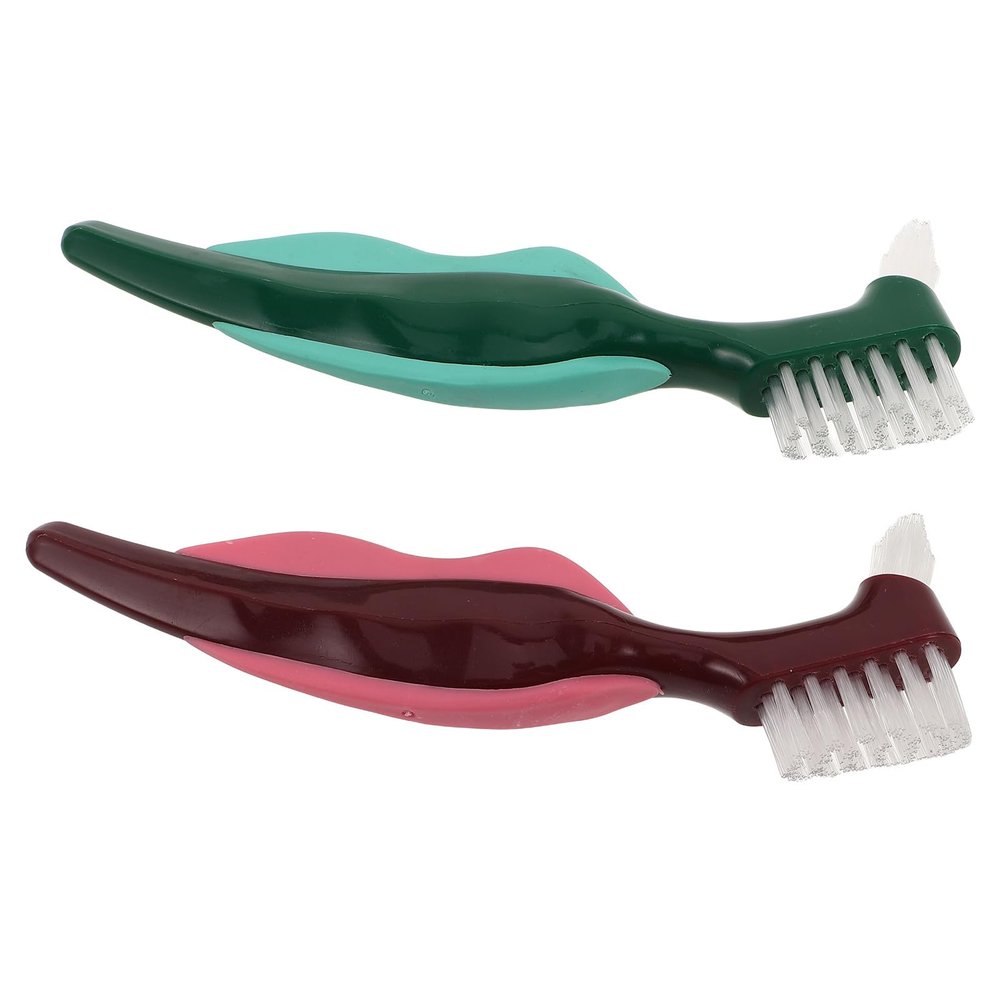 EXHUMKY 2pcs Denture Brush Set Double-Headed Hard Bristle Toothbrushes for False Teeth Cleaning Dental Care Tool for Seniors Red and Green
