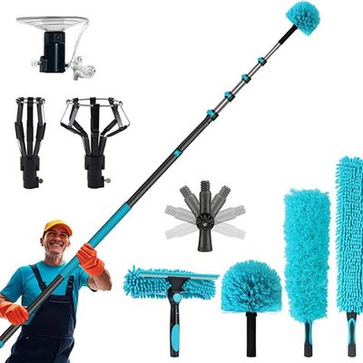 12FT Light Bulb Changer for High Ceilings with 3-12FT Extension Pole, Fan Duster for Ceiling Fan Blades, Microfiber Feather Duster, Rotatable Window Squeegee and Cobweb Duster, High Reach Duster Kit