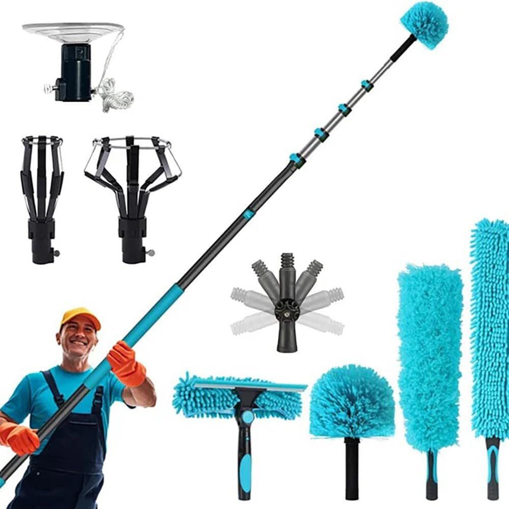 12FT Light Bulb Changer for High Ceilings with 3-12FT Extension Pole, Fan Duster for Ceiling Fan Blades, Microfiber Feather Duster, Rotatable Window Squeegee and Cobweb Duster, High Reach Duster Kit