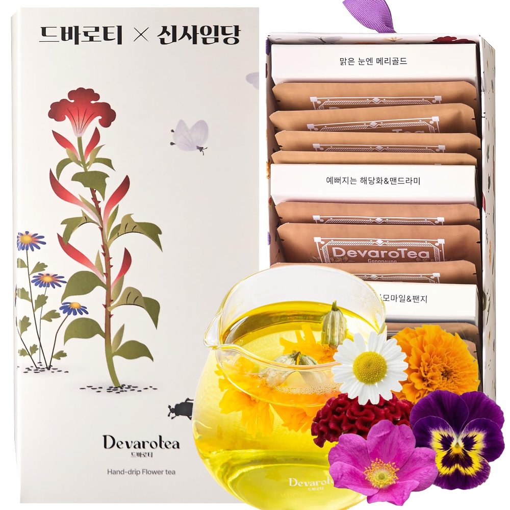 Korean Food Premium Flower Tea Gift Set Sinsaimdang Edition - 10 Organic Caffeine-Free Drip Tea Bags (Marigold, Sunrise Blend, Sea Garden Blend)