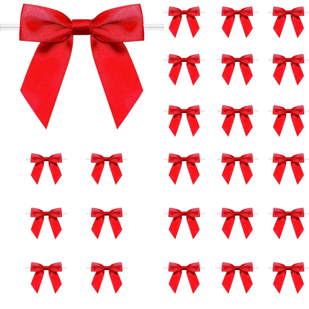 120 Pack Twist Tie Bows 3.3 Craft Bows Satin Ribbon Bow for Gift Wrapping, Treat Bags, Party Favors & Craft Decoration Red