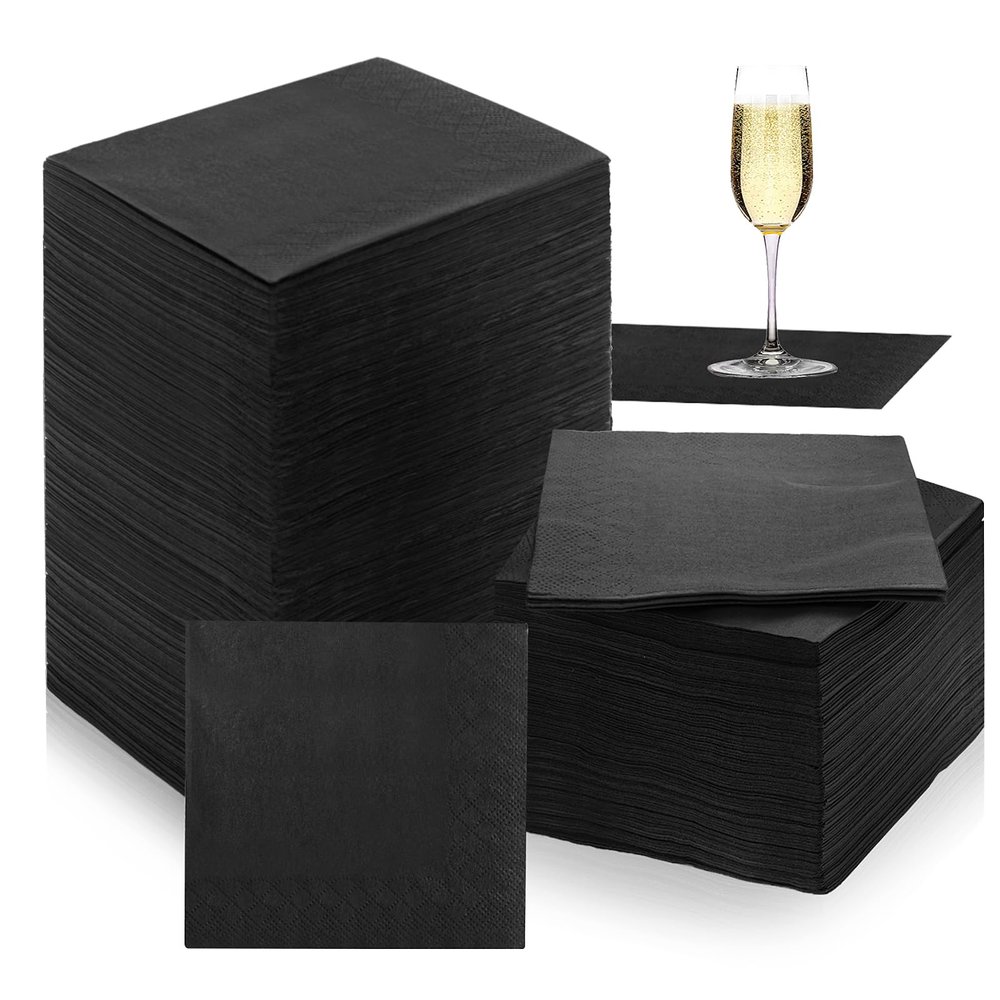 1000 Pack Black Cocktail Napkins, 2-Ply 5 x 5 Inch Disposable Beverage & Dinner Paper Napkins Bulk