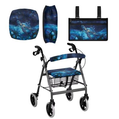 Luarisgur Sea Turtle Rollator Walker Seat and Backrest Covers Wheelchair Side Bag for Senior and Adults Pack of 3 Rollator Seat Cushion Back Bar Cover Set Wheelchair Accessories for Seniors