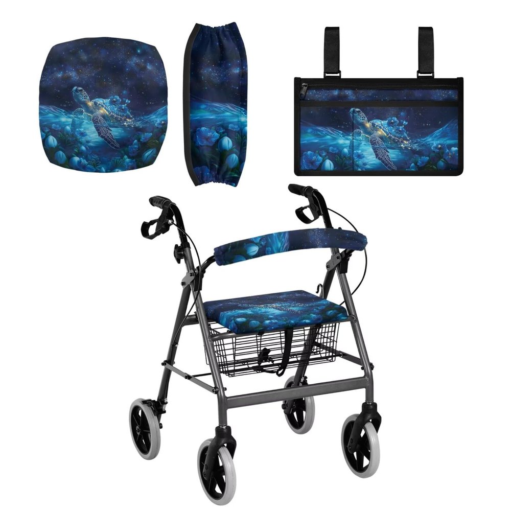 Luarisgur Sea Turtle Rollator Walker Seat and Backrest Covers Wheelchair Side Bag for Senior and Adults Pack of 3 Rollator Seat Cushion Back Bar Cover Set Wheelchair Accessories for Seniors