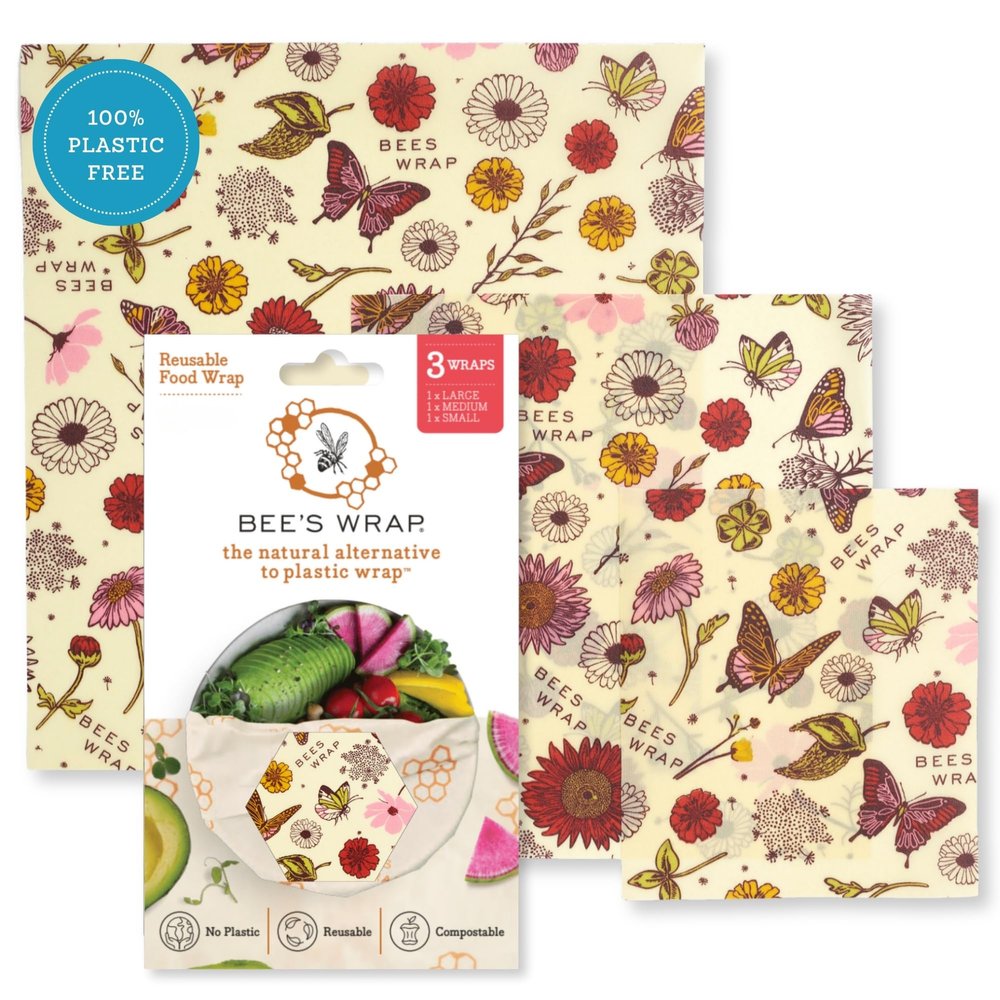 Bee's Wrap Beeswax Wraps for Food - 3 Pack of Assorted Beeswax Wraps - Small, Medium & Large Wrap - Plastic Free Made in USA Reusable Natural Food Wrap - Meadow Magic Print