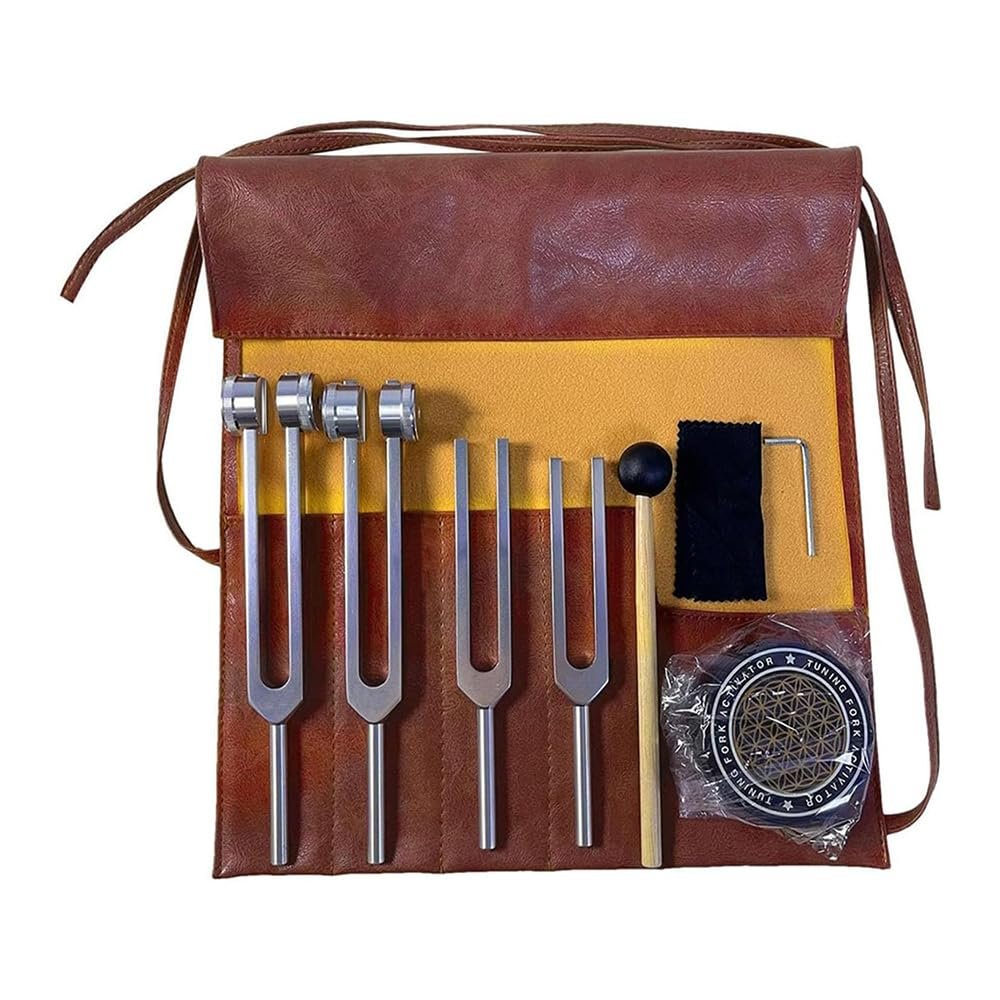 AchNau Tuning Forks for Healing Set - 128Hz 136Hz 256Hz 384Hz with Activator and Leather Pouch-Weighted & Unweighted Sound Therapy Tools for Chakra Balance Yoga Meditation & Relaxation