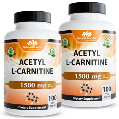 NaturaLife Labs Acetyl L-Carnitine (ALCAR) 1500 mg per Serving 100 Capsules Non-GMO, Gluten-Free, Vegan (2 Pack)