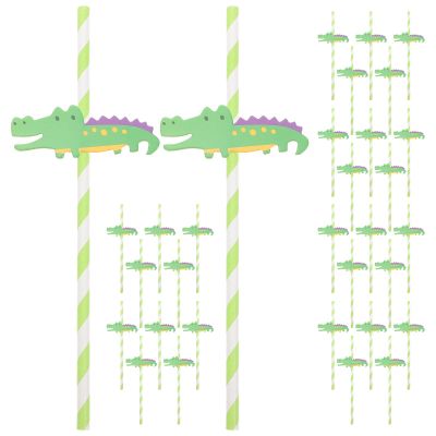 BAZEITFLOW Biodegradable Colored Paper Straws 30pcs Straight Disposable Cocktail Straws for Juice Milk Tea Party Decoration Green Crocodile Pattern