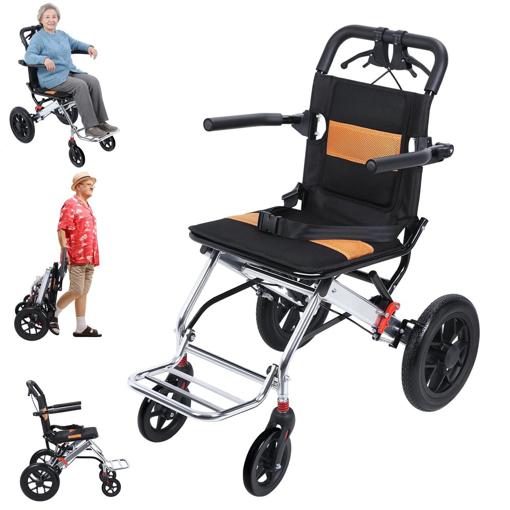 Lightweight Wheelchair for Adults, Foldable Travel Wheelchair Transport Wheel Chair for Narrow Doorways, 15.75 Inch Wide Seat Portable Wheel Chair, Aluminum Frame, Shock Absorbing Wheels (Black)