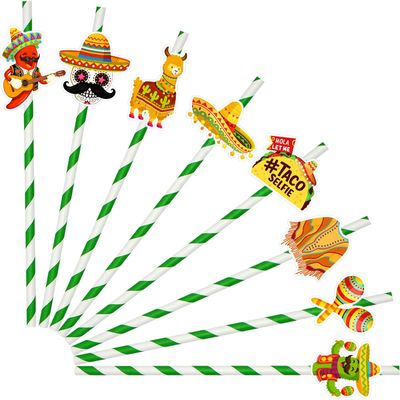 24 Pcs Fiesta Paper Straws Mexican Theme Disposable Drinking Straws with Sombrero, Llama, Taco, Poncho, and Maracas Decorations for Cinco de Mayo, Taco Nights, and Fiesta Parties