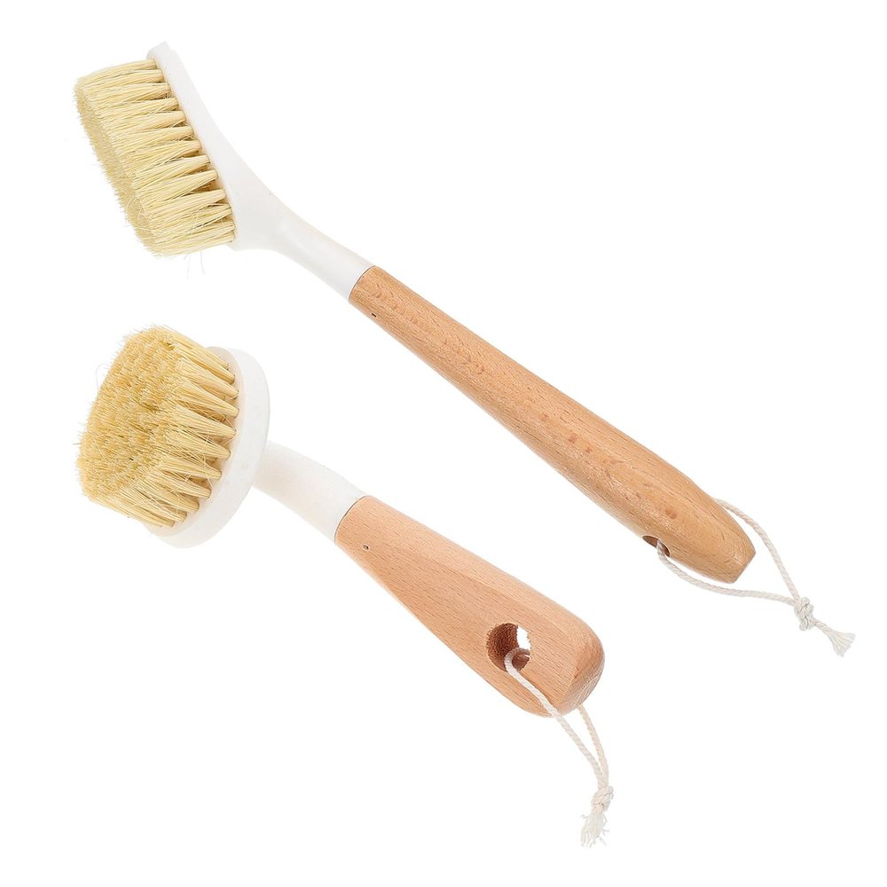 DECHOUS Multi-use Pot and Dish Cleaning Brush Set, 2pcs Wood Handle Kitchen Scrub Brushes with Square Round Heads for Household Pot and Pan Cleaning