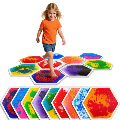 JUEOQOY Sensory Floor Tiles for Kids Ages 3+ Hexagon Step-On Tiles with Textured Non-Slip Base, Colorful Liquid Motion for Interactive Play in Playroom or Classroom (9 Pack)