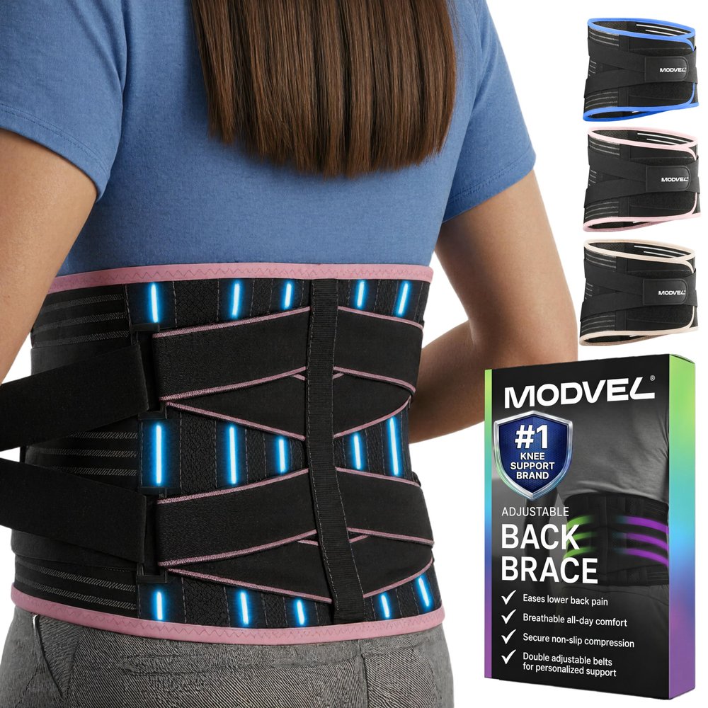 Modvel Back Brace for Lower Back Pain Women and Men Lumbar Support Belt for Sciatica, Herniated Disc, Muscle Strain Adjustable Breathable Work Brace with 6 Stays Support for Posture Size L