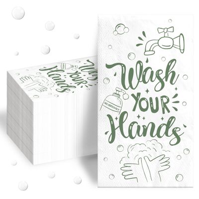 200Pcs Wash Your Hands Paper Napkins 3 Ply Disposable Green Hand Towels Bathroom Guest Napkins for Kitchen Wedding Anniversary Baby Shower Supplies
