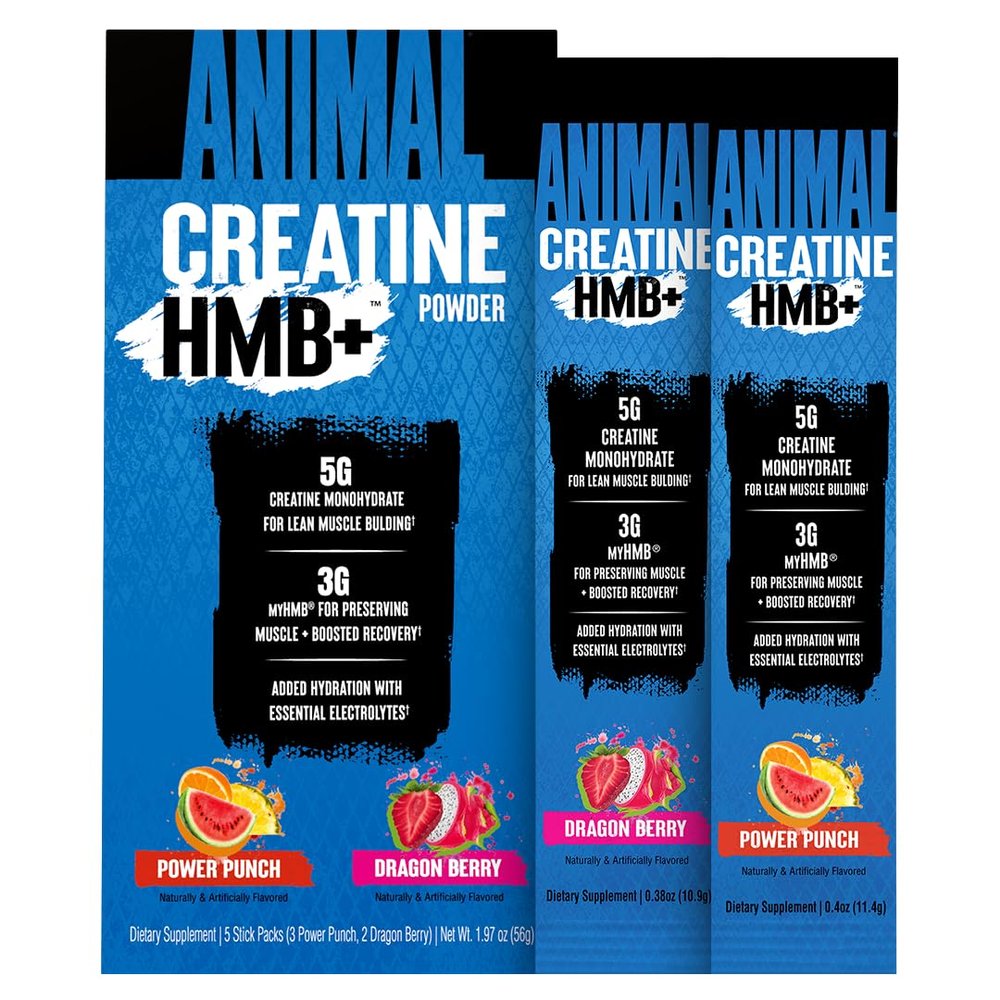 Animal Creatine HMB Powder 3g myHMB + 5g Creatine with Electrolytes for Recovery & Daily Energy Power Punch (3) and Dragon Berry (2) Stick Pack Samples, 5 Servings