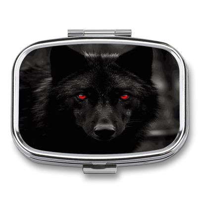 Black Red Eyed Wolf Pill Box 2-Compartment Portable Travel Square Pill Case Daily Pill Holder with Store Vitamins Pocket Medicine Organizer for Office Home Fish Oil