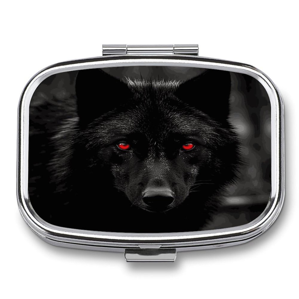 Black Red Eyed Wolf Pill Box 2-Compartment Portable Travel Square Pill Case Daily Pill Holder with Store Vitamins Pocket Medicine Organizer for Office Home Fish Oil
